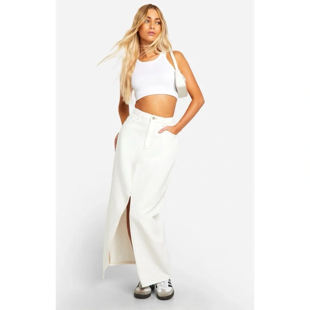 NWT BOOHOO Ecru Denim Split Front Maxi Skirt